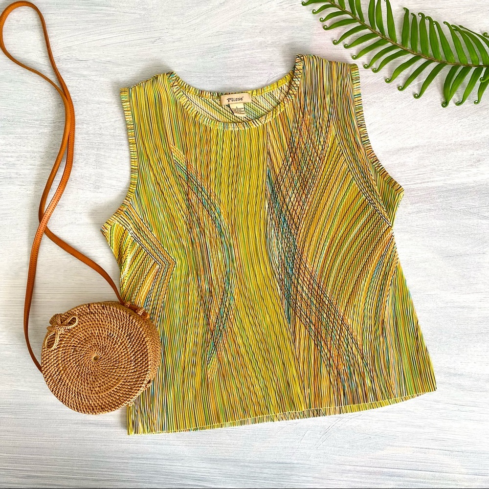 Y2K 90s vintage Plisse micro pleated accordion stretch sleeveless tank top Large